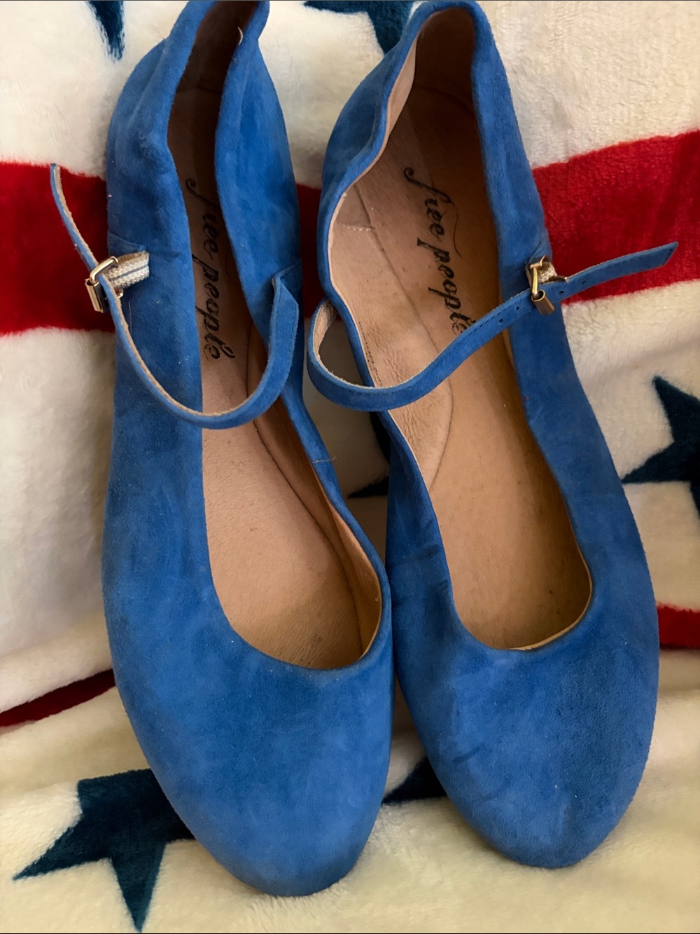 Free People Vibrant Blue Suede Mary Jane Flats with Ankle Strap (EU size 38)